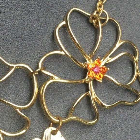 Flowers Bib Statement Necklace Orange Rhinestone Gold Chain Wire Detailed Retro - Picture 6 of 9